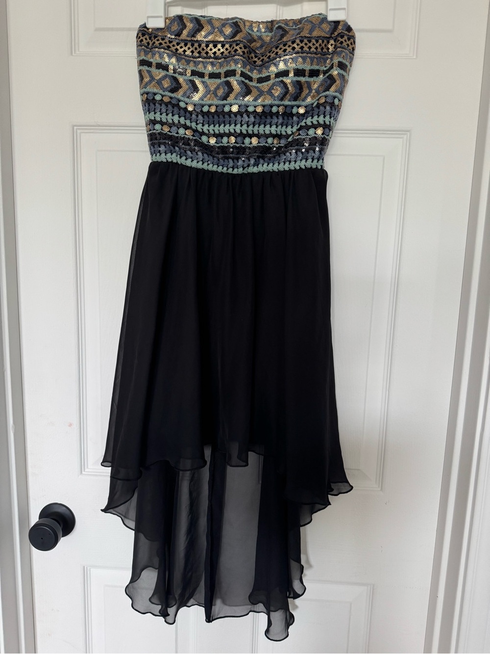 Y2k Strapless Black High-Low Dress with Embroidered Bodice built in pads
